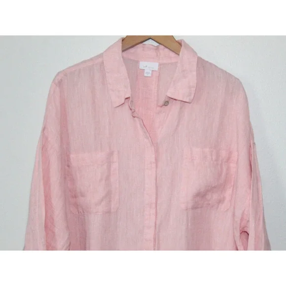 J. Jill Love Linen Button Up Tunic Top Double Pocket Pink XL Blouse Lagonlook - Picture 7 of 16